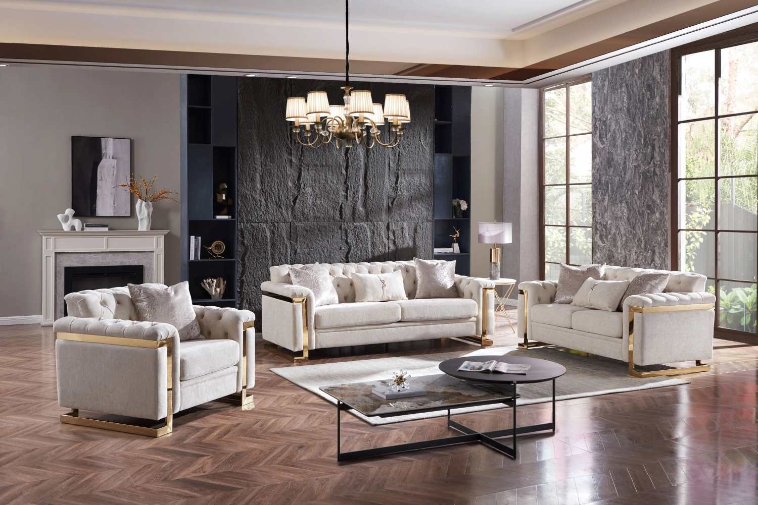 Beige Fabric 3pc Tufted Sofa Set with Gold Accents 313