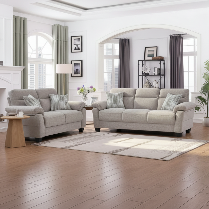 Beige Fabric High-density Foam Seating Sofa Set With Accent Pillows 8026