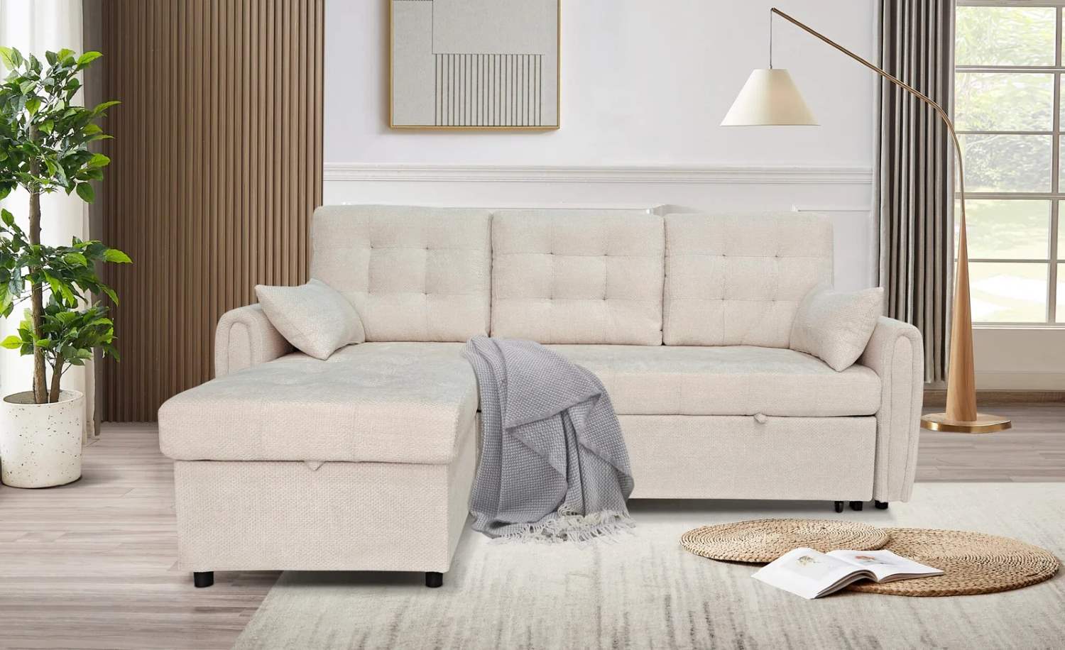 Beige Fabric Reversible Sectional Sofa Bed 2490