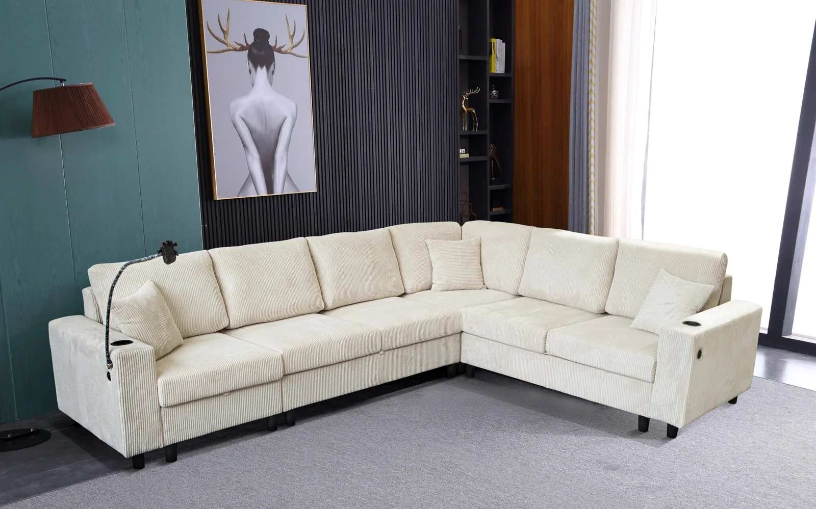 Beige Fabric Reversible Sectional Sofa With USB Charging Ports 2493