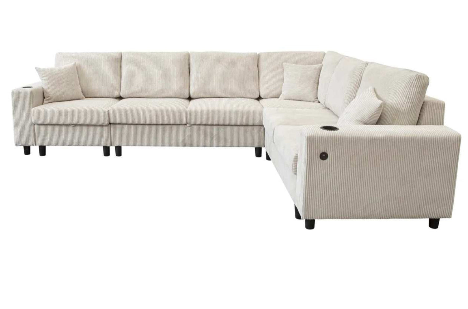 Beige Fabric Reversible Sectional Sofa With USB Charging Ports 2493