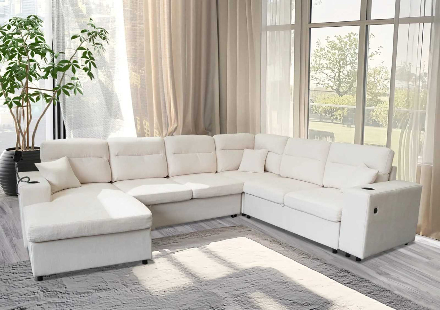Beige Fabric Sectional sofa With Cup Holder & Power Outlet 2477