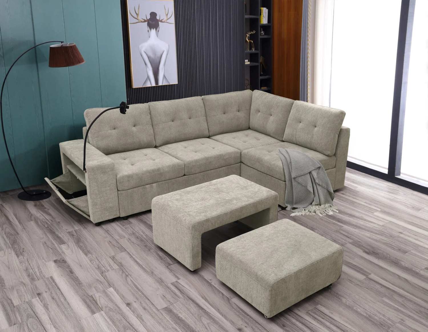 Beige Fabric sectional Sofa With Nesting Bench & Ottoman 2480
