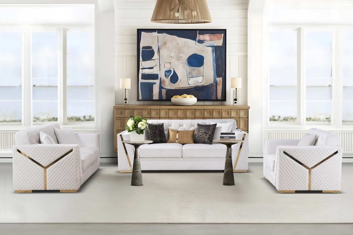 Beige Velvet 3pc Sofa Sets with Gold Accents YF07