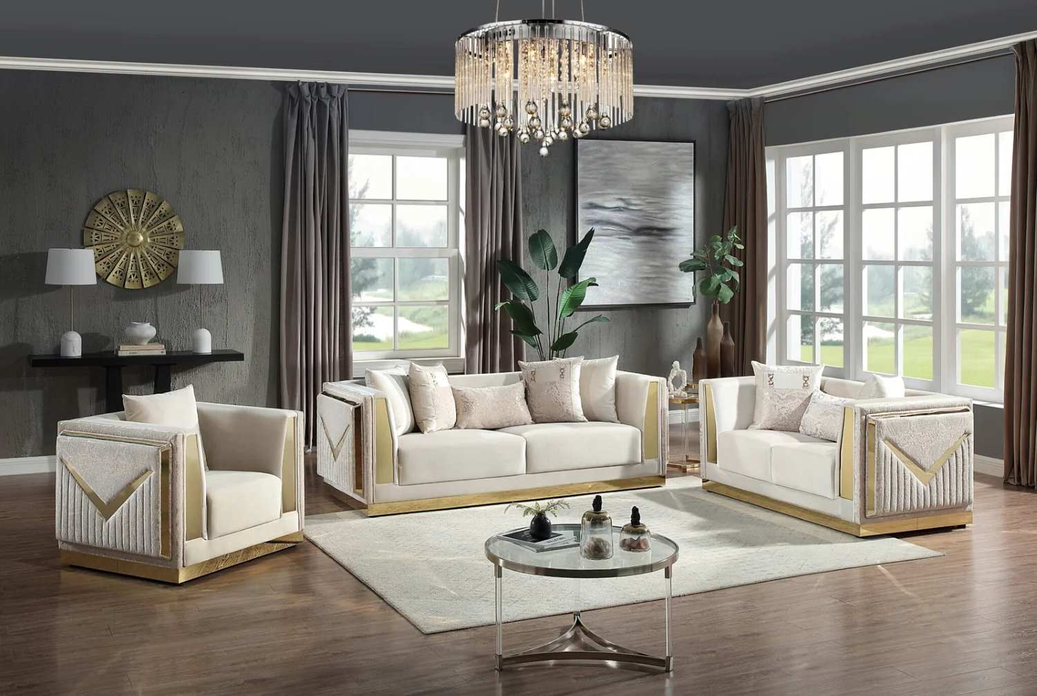 Beige Velvet Fabric 3pc Sofa Set with Gold Accents 384