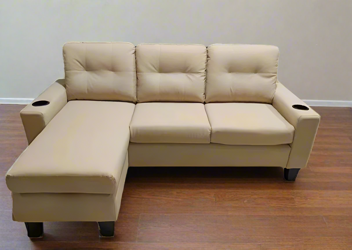 Beige PU Reversible Sectional Sofa with Cup Holder 2217