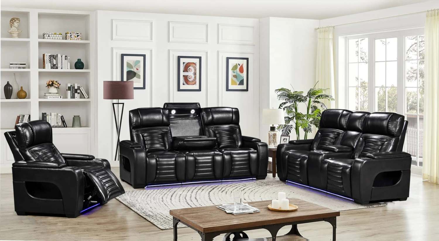 Black Air Leather Power Recliner Sofa Set with LED & USB Charging Port 10279