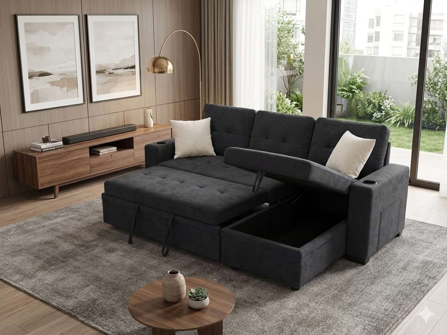 Black Fabric Reversible Sofa Bed with USB Charger & Cup Holders 712A