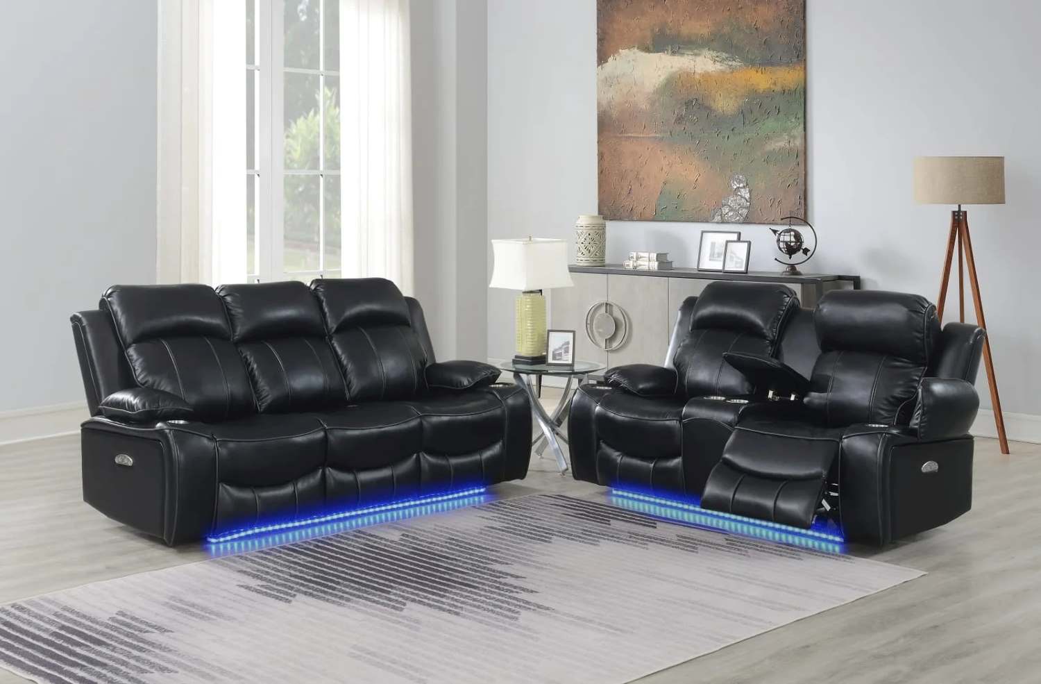 Black Faux Leather Power Recliner Sofa Set with Cupholders and LED 3120
