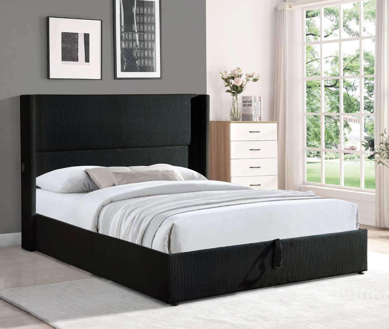 Black Hydraulic Lift Corduroy Fabric Bed with Built-In USB Charging Ports 2164