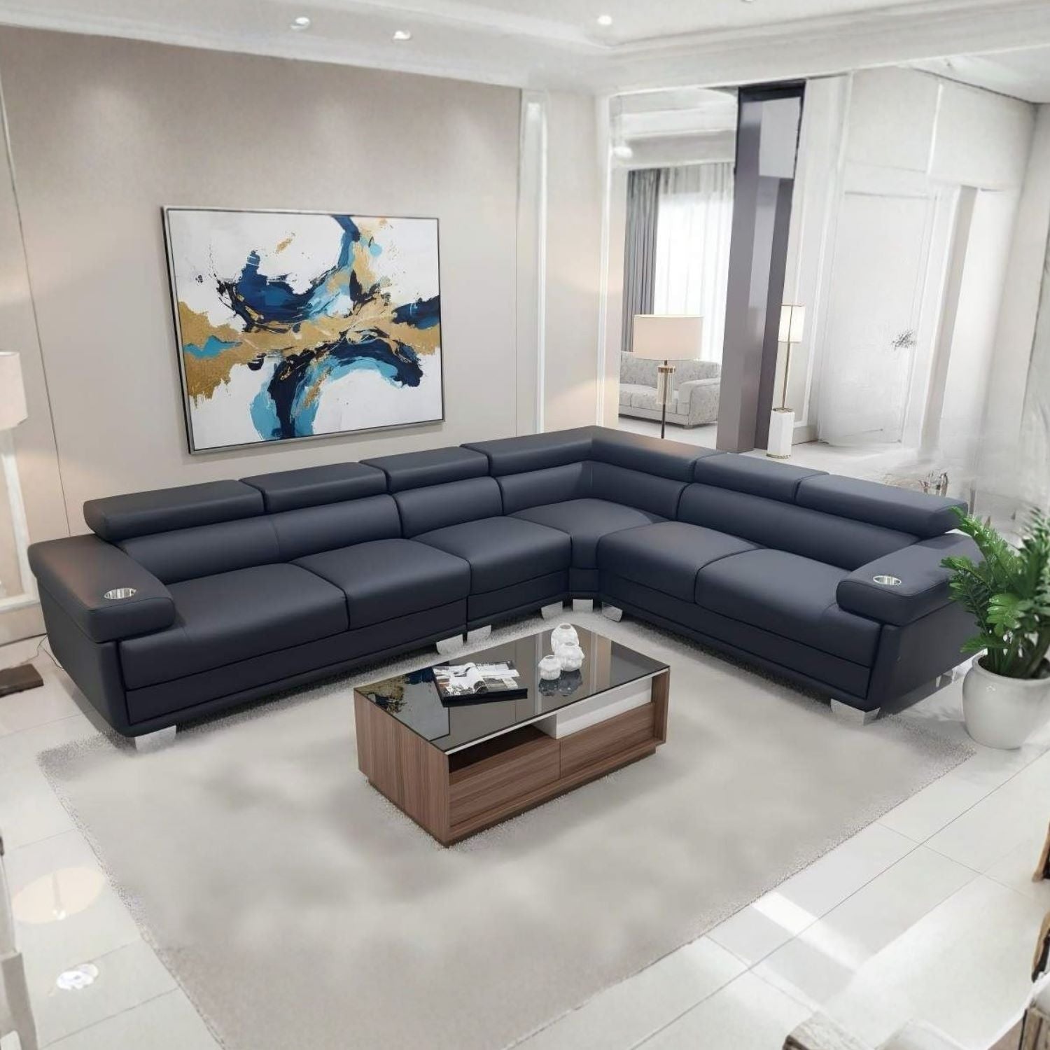 Black PU Reversible Sectional Sofa with Cup Holders 2502