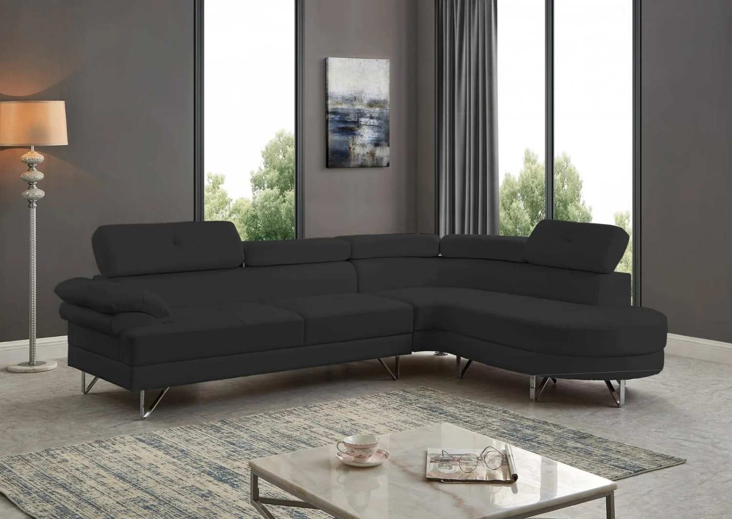 Black PU Sectional Sofa With Adjustable Headrest 7200