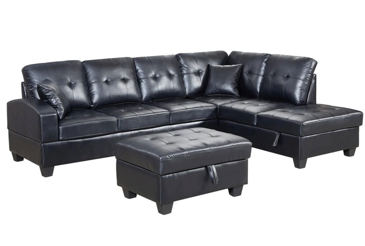 Black PU Sectional Sofa With Storage Chaise & Ottoman 5312