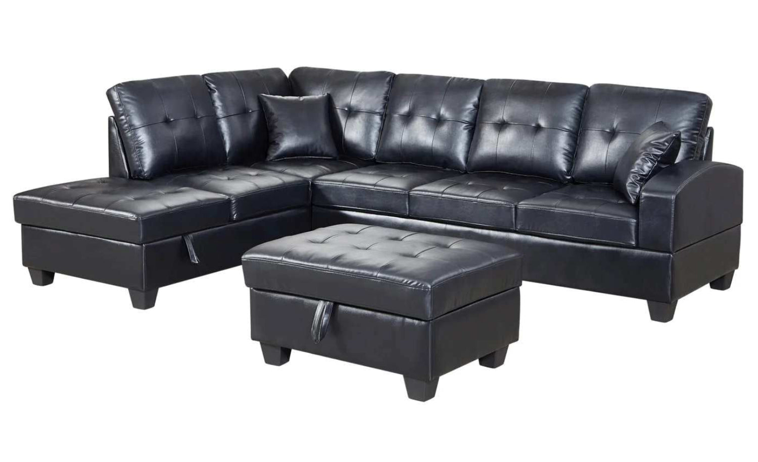 Black PU Sectional Sofa With Storage Chaise & Ottoman 5312