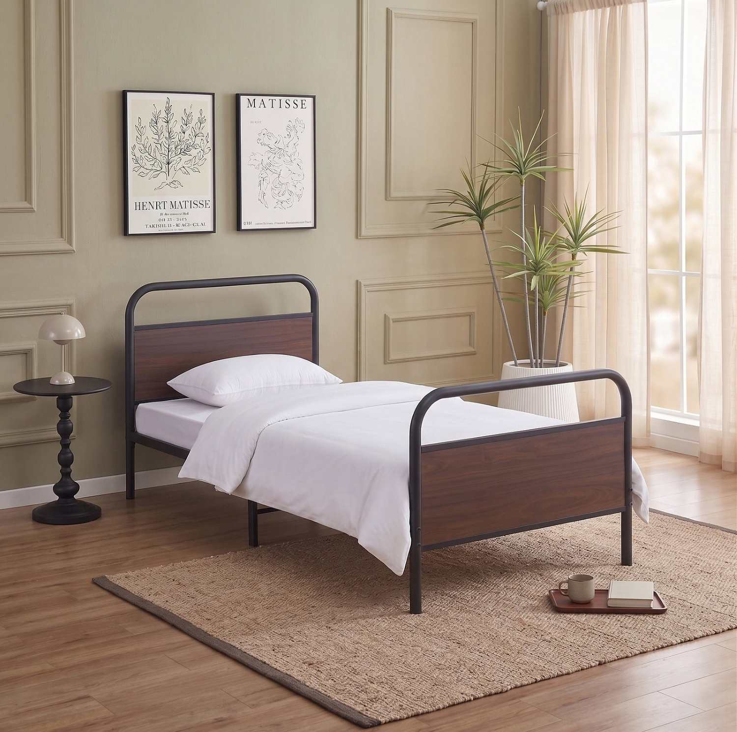 Black Steel Bed Frame with Wood Panel Accents IF 5255