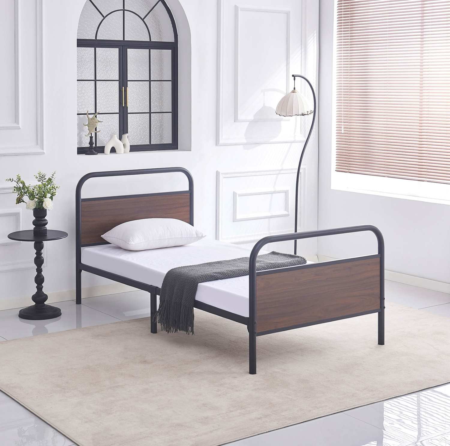 Black Steel Bed Frame with Wood Panel Accents IF 5255