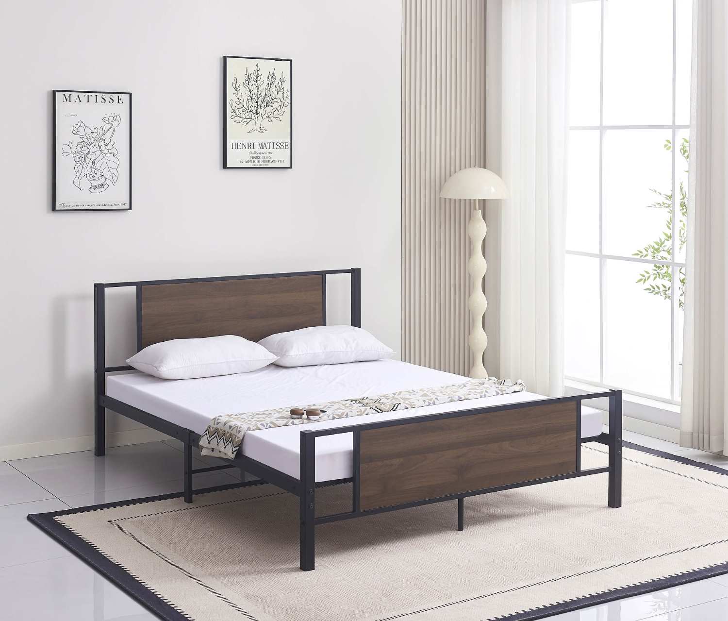 Black Steel Bed Frame with Wood Panel Accents IF 5275