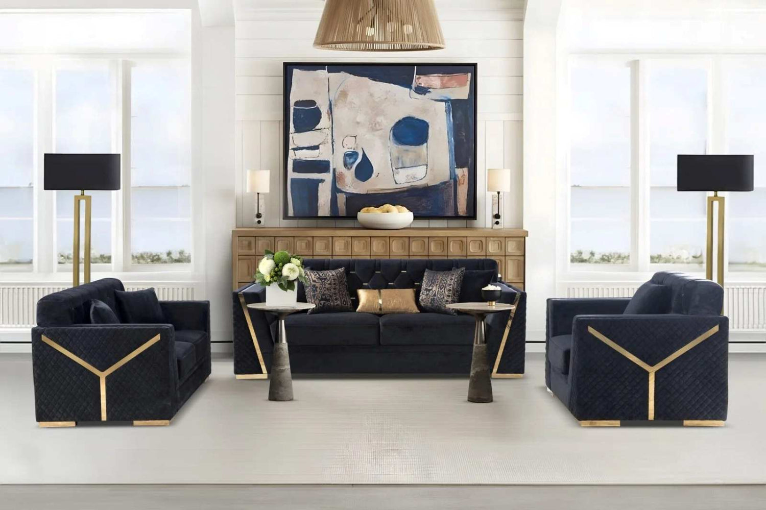 Black Velvet 3pc Sofa Sets with Gold Accents YF07