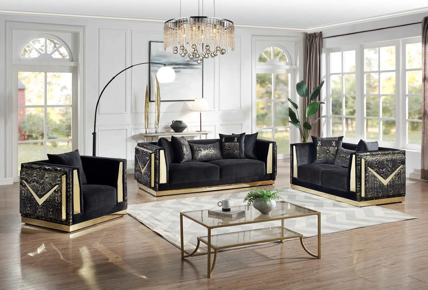 Black Velvet Fabric 3pc Sofa Set with Gold Accents 384