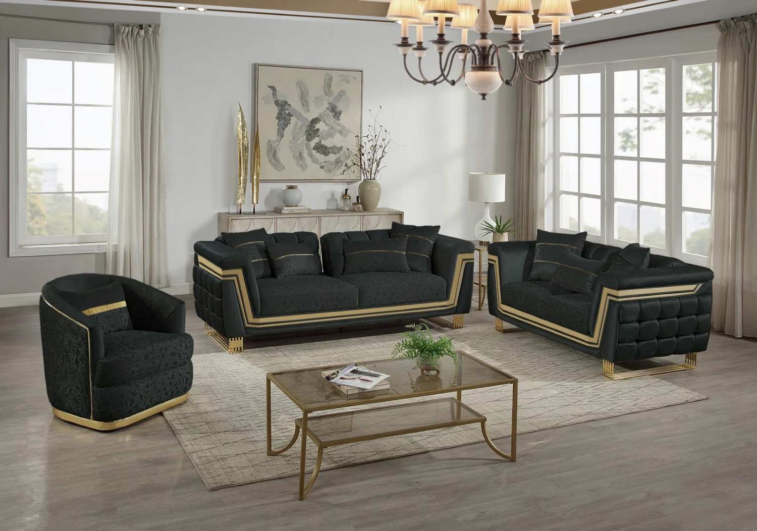Black Velvet Fabric 3pc Sofa Set with Gold Accents 387