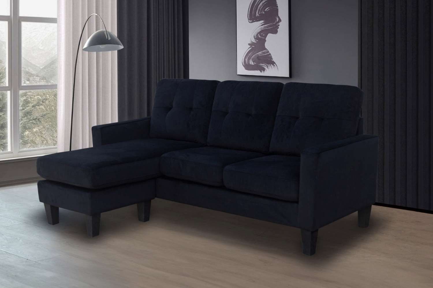 Black Velvet Reversible Sectional Sofa 1228