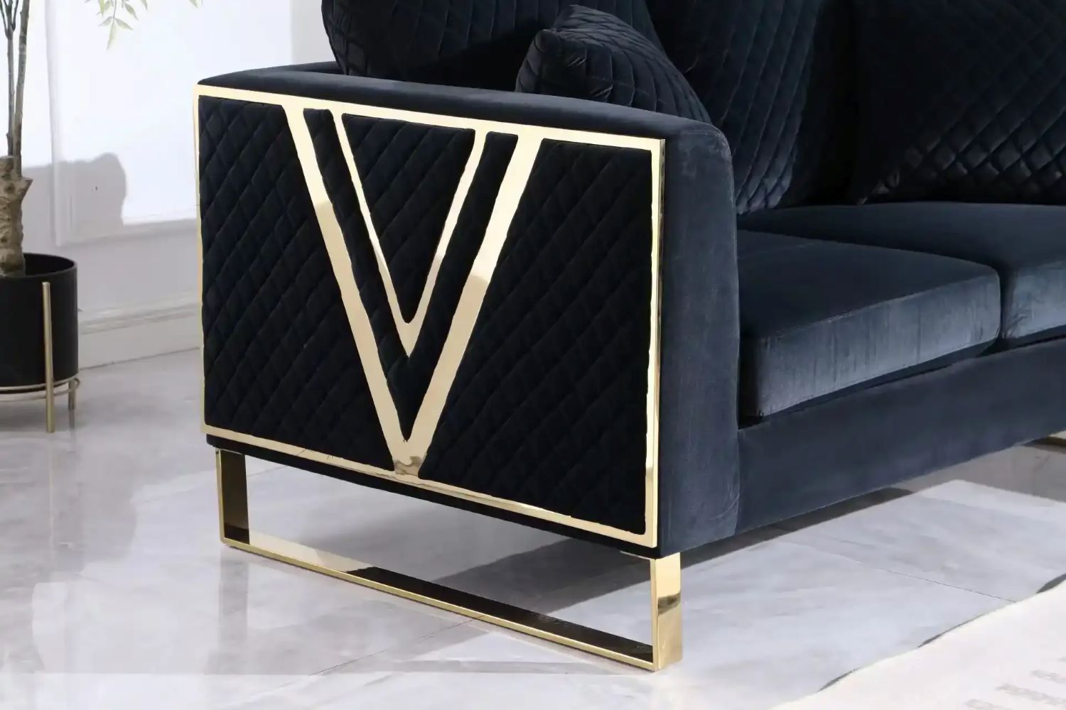 Black Velvet Sofa Set With Gold Leg W331