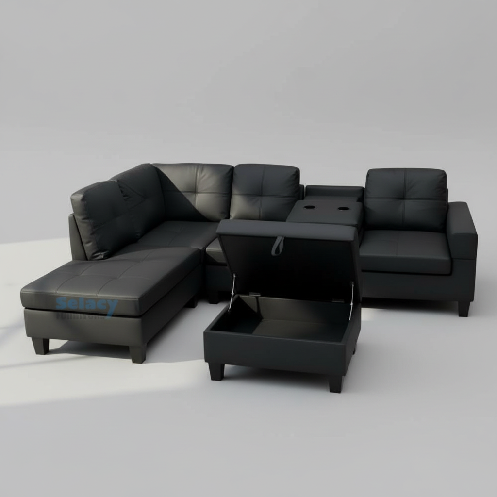 Black sectional sofa with storage drawers on a gray background