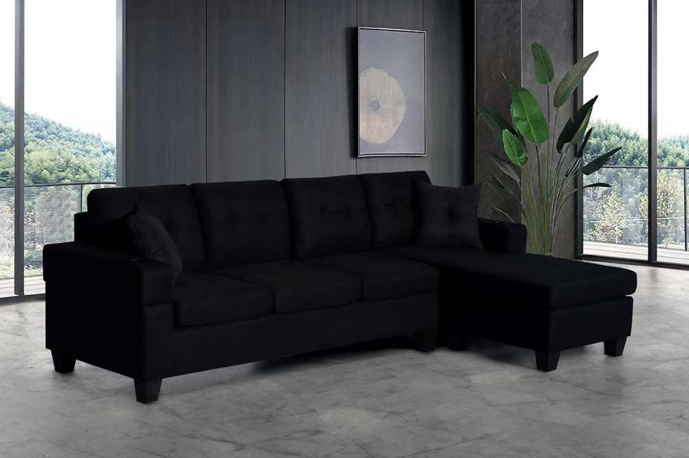 Black Fabric Reversible Sectional Sofa 1239