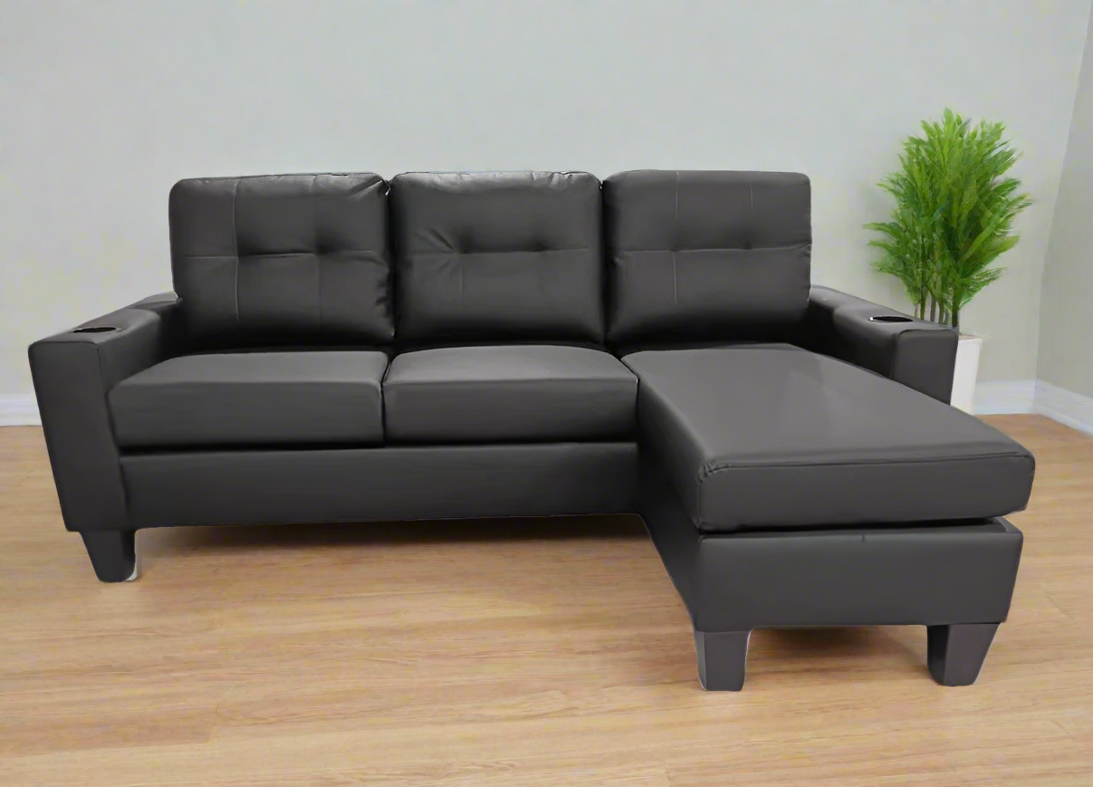 Black PU Reversible Sectional Sofa with Cup Holder 2217
