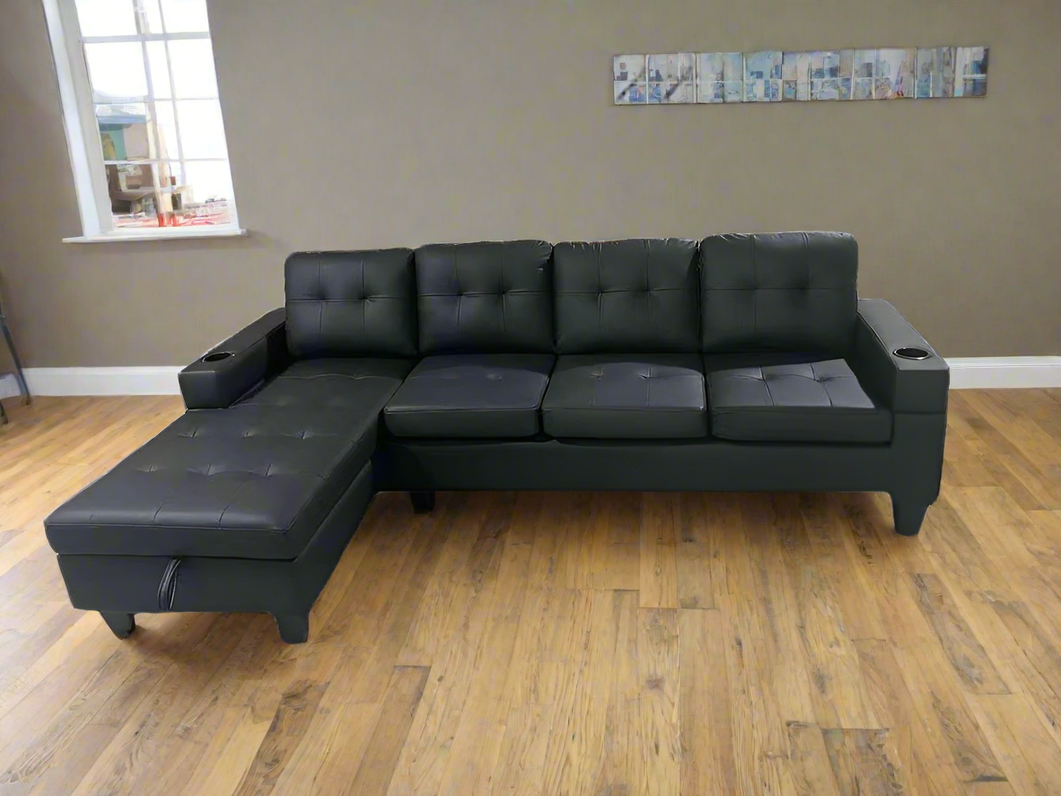 Black PU Sectional Sofa with Cup Holder 2218