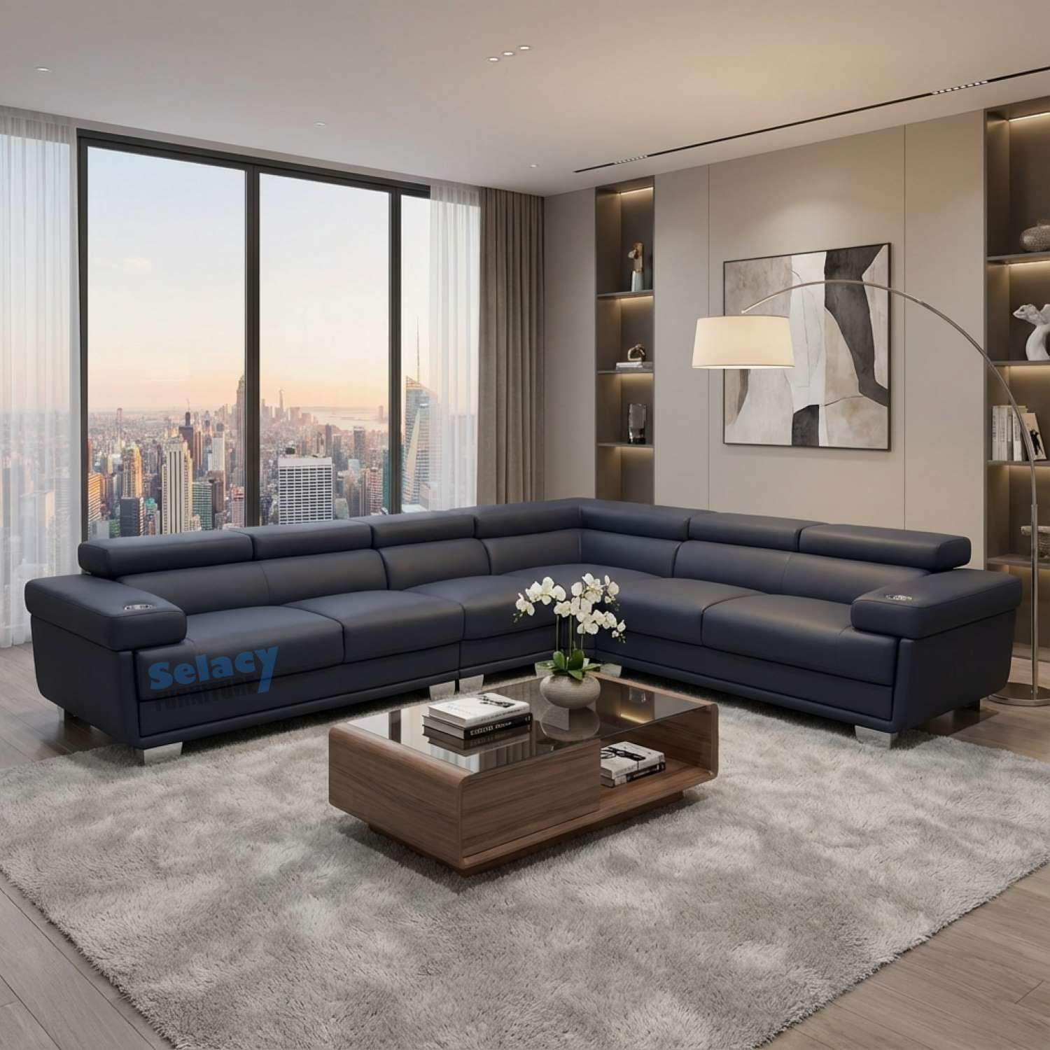 Black PU Reversible Sectional Sofa with Cup Holders 2502