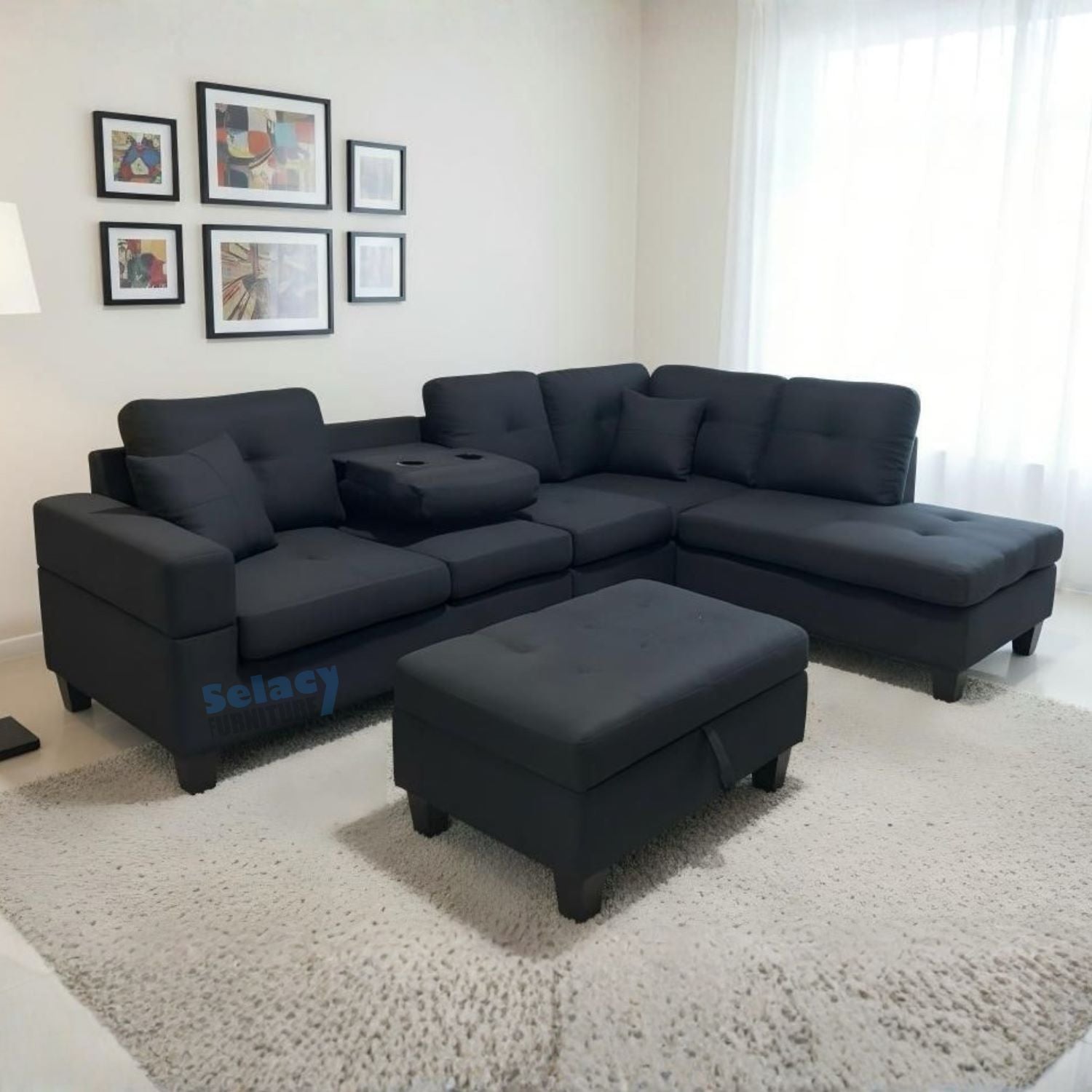 Black Reversible Sectional Sofa with Drop Down Tray & Storage Ottoman 2401