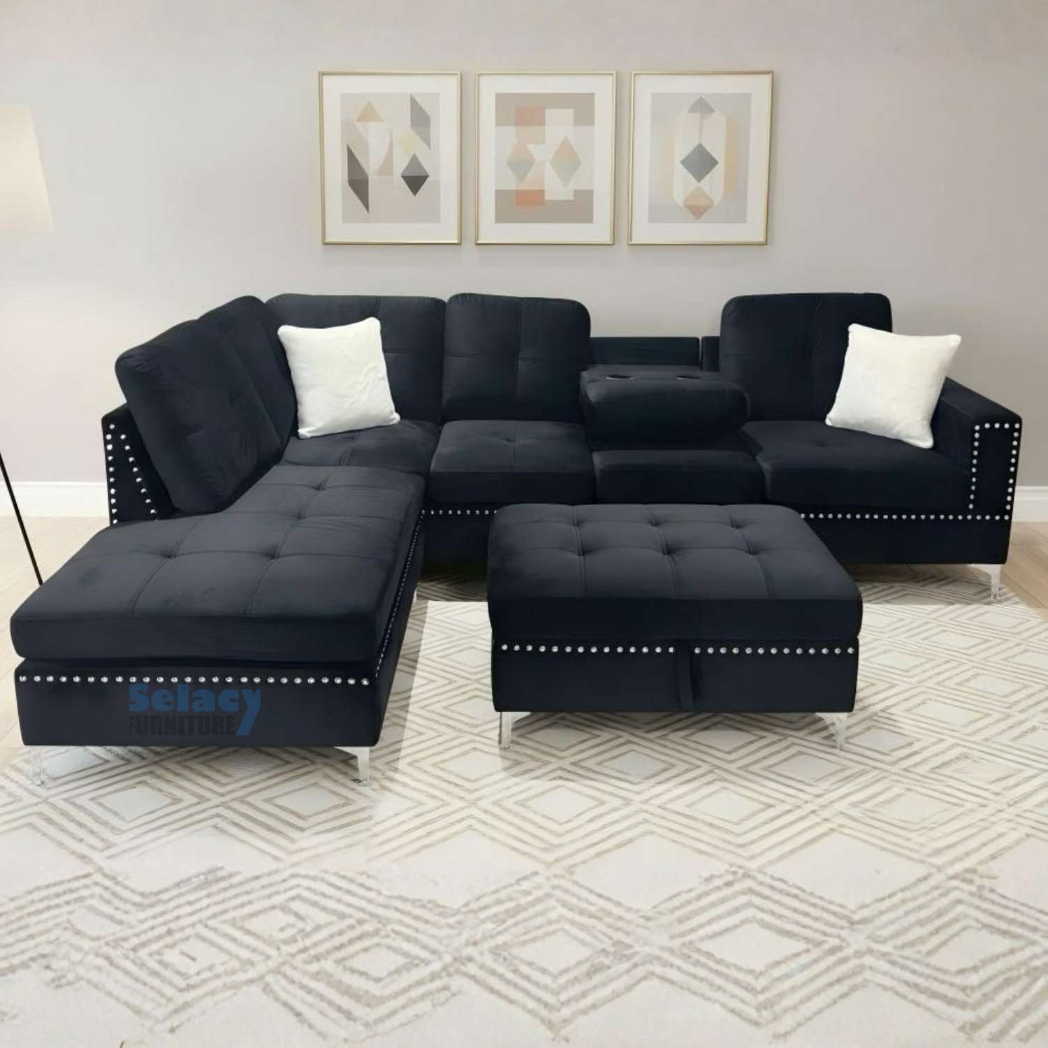 Black Velvet Reversible Sectional Sofa with Ottoman 2402