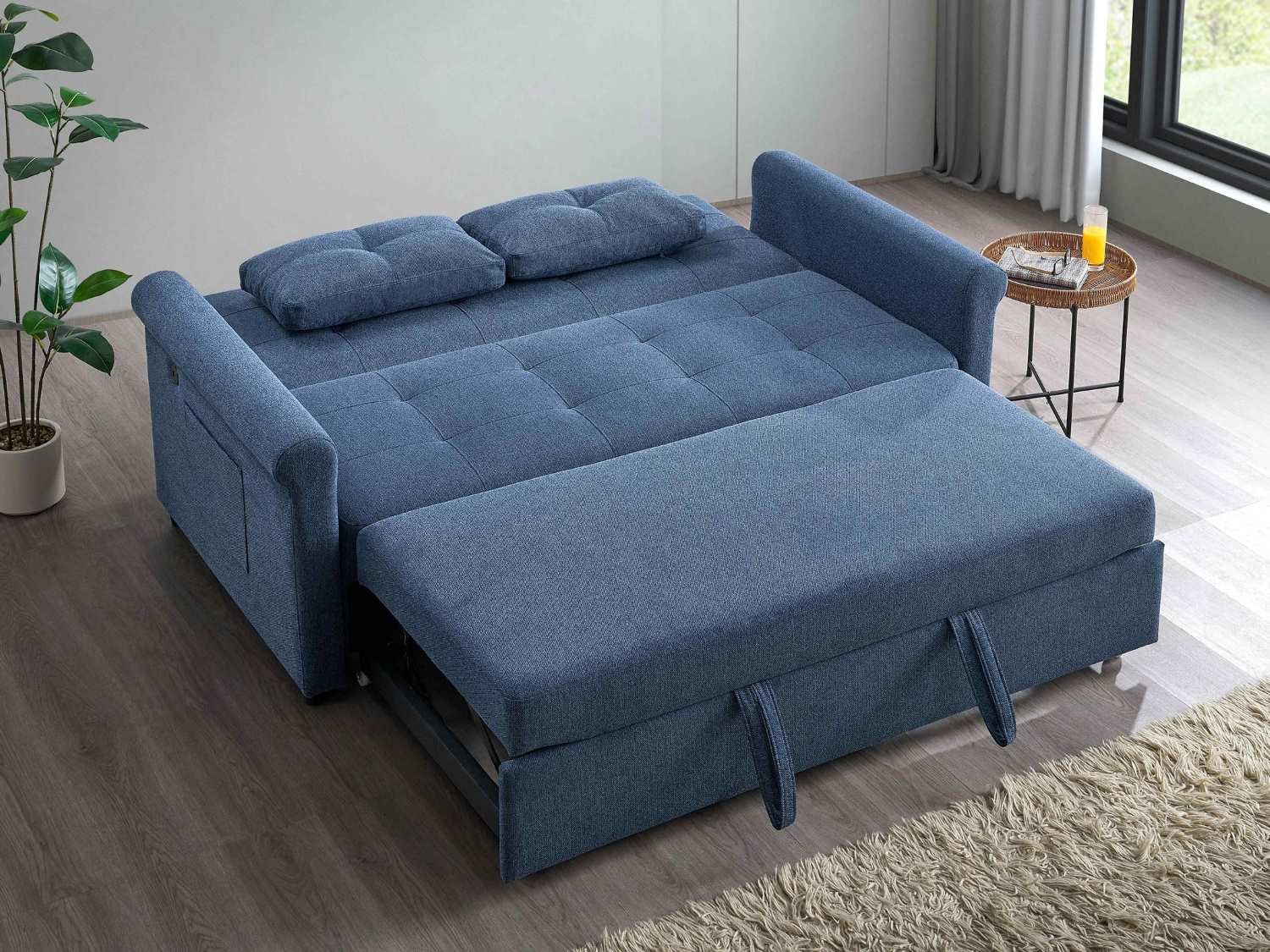 Blue Fabric Sofa Bed with 3 Levels Adjustable Backrest 9047 70"