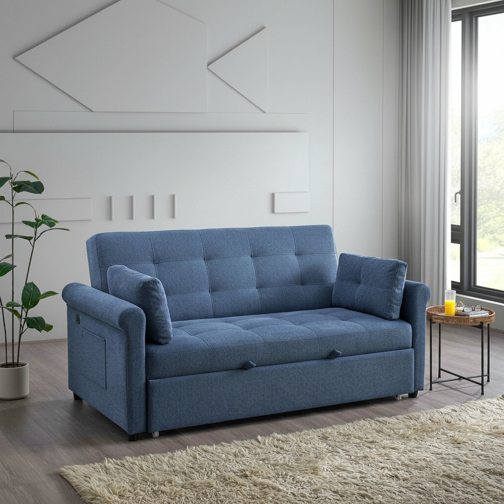 Blue Fabric Sofa Bed with 3 Levels Adjustable Backrest 9047 70"