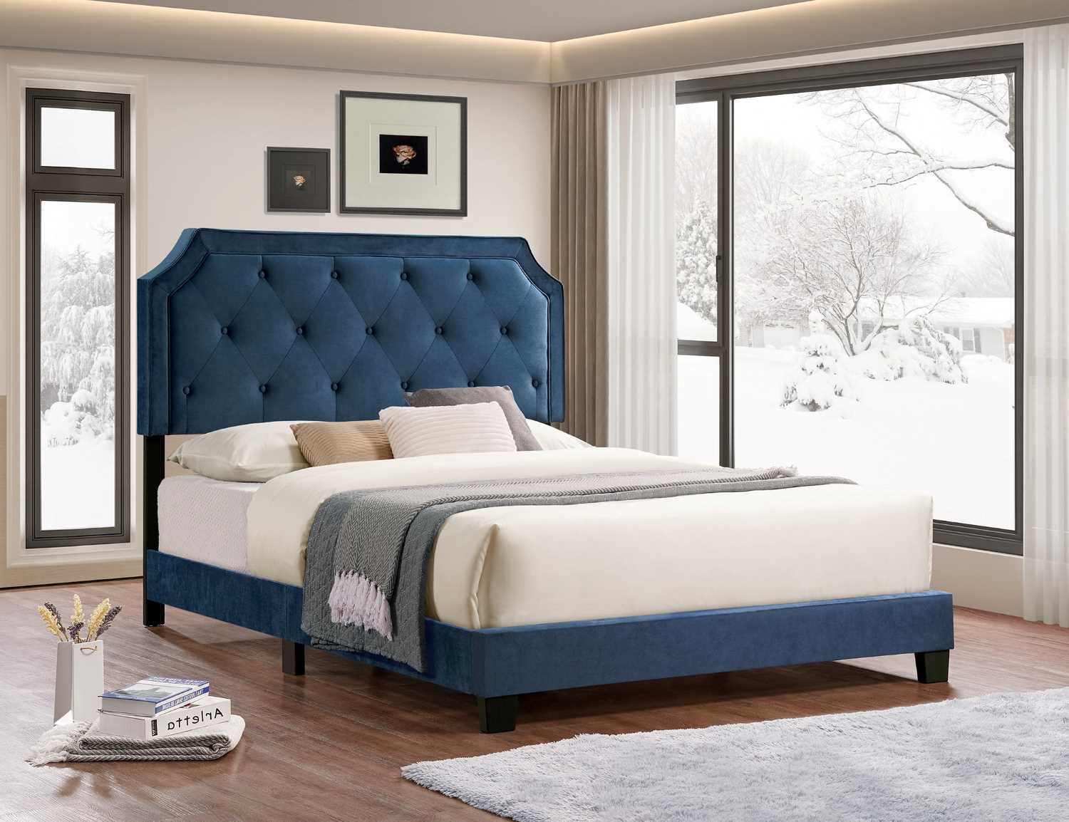 Blue Velvet Fabric Platform Bed 5611