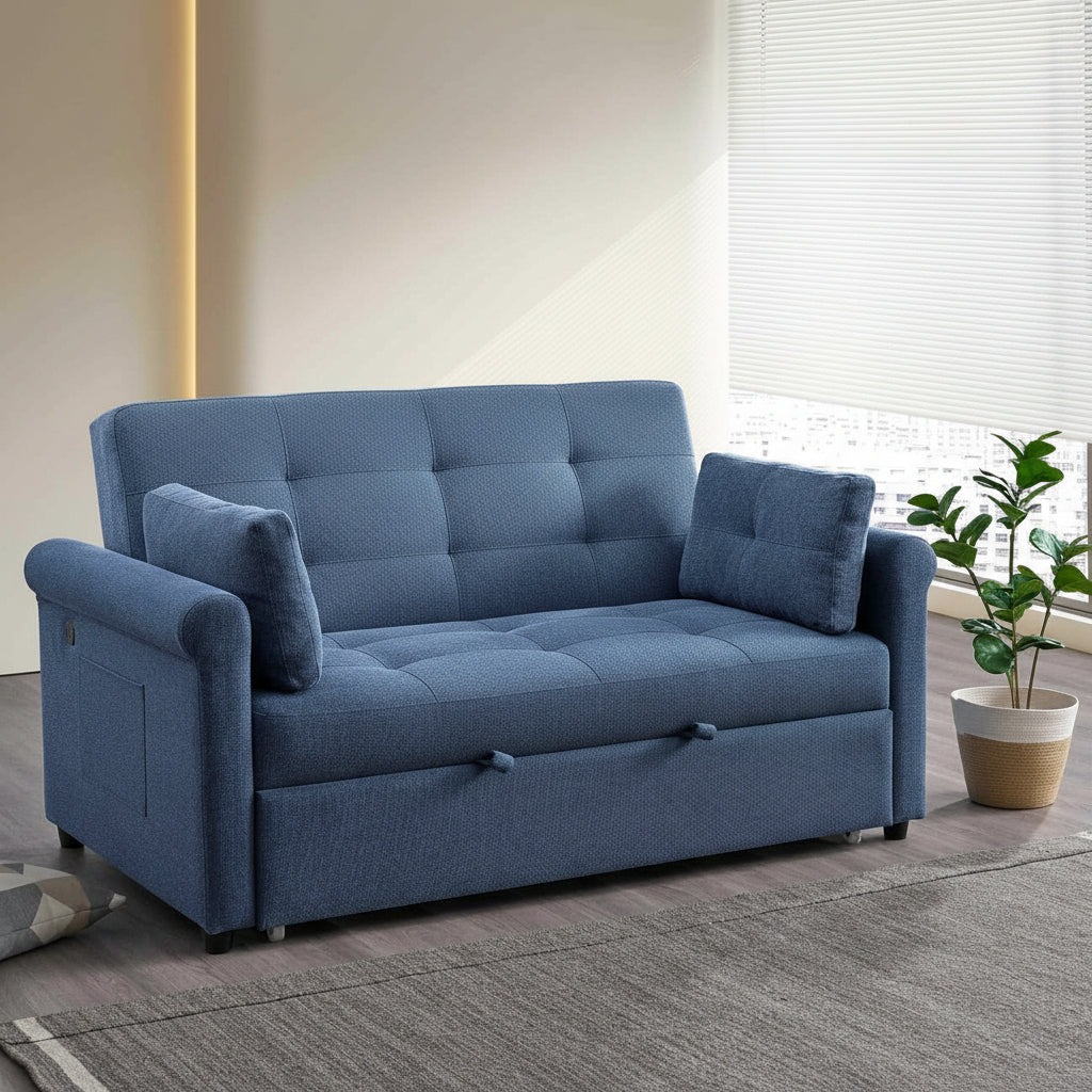 Blue Fabric Sofa Bed with 3 Levels Adjustable Backrest 9047 64"