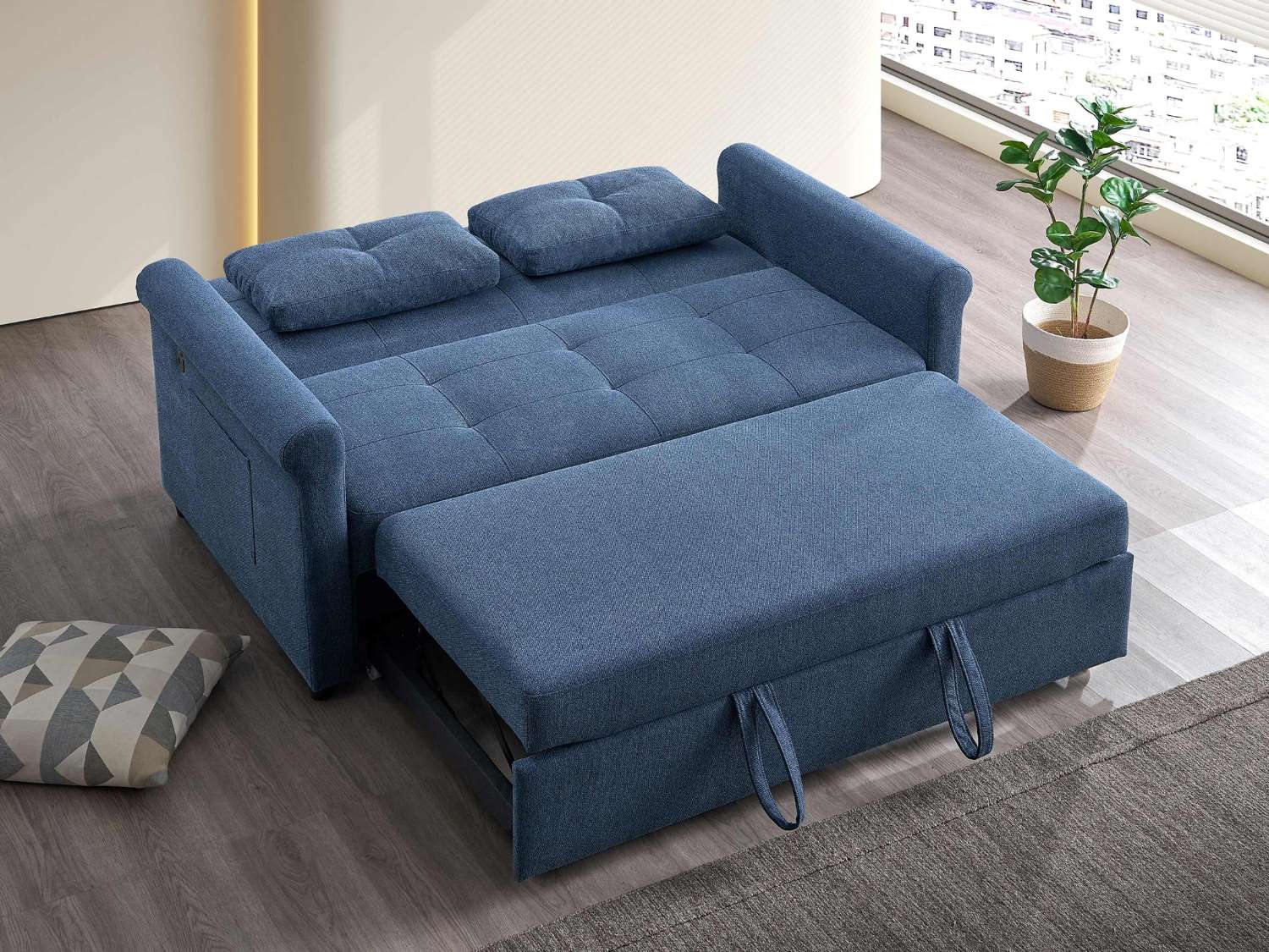 Blue Fabric Sofa Bed with 3 Levels Adjustable Backrest 9047 64"