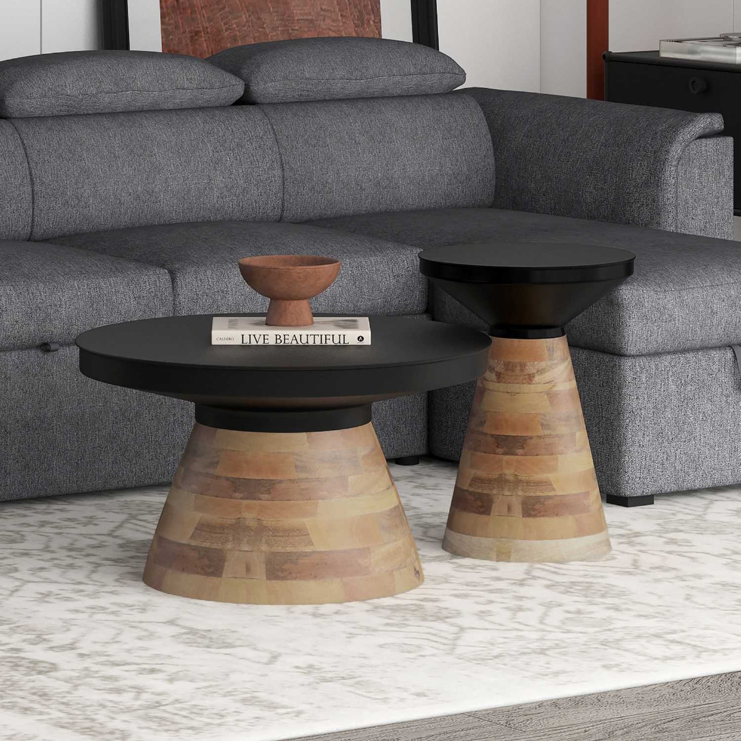Boden 2pc Coffee Table Set in Black with Walnut 303-229