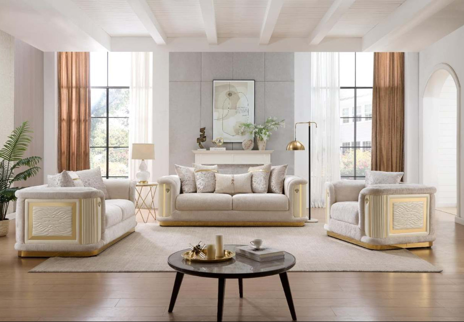 Bona Beige Fabric Sofa Set with Gold Accents 8225