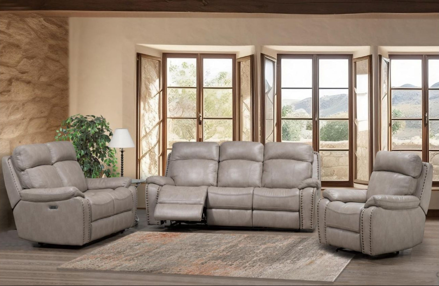 Boomer Biege Leather-Gel Power Recliner Sofa Set with Built-in USB Ports 2975