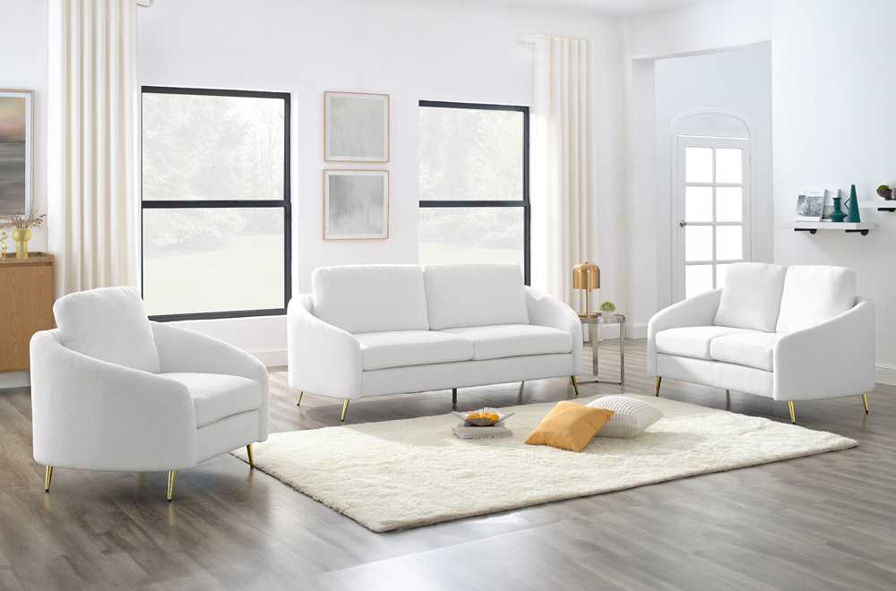 Boucle Fabric Sofa Set With Curved Angled Arms White 1312