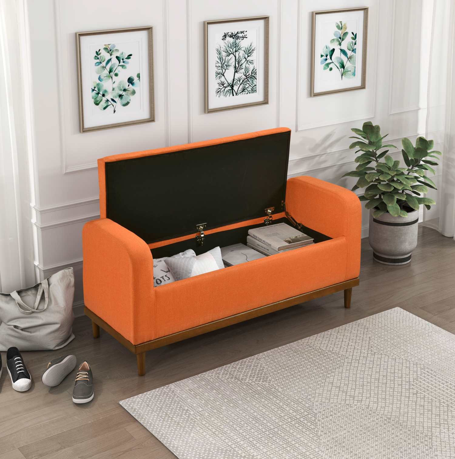 Brigitte Orange Button-Tufted Lift Top Storage Bench 4590