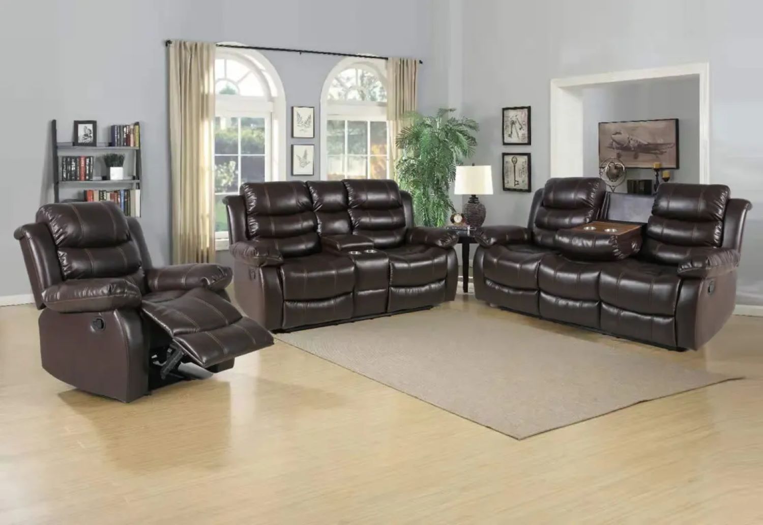 Brown Faux Leather 3pc Recliner Set With Cup Holders 8032