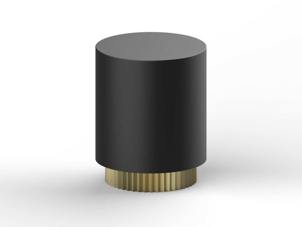 A cylindrical Byron Accent Table with a solid wood base in espresso finish and a powder coated metal top, featuring a gold-colored band around the base.