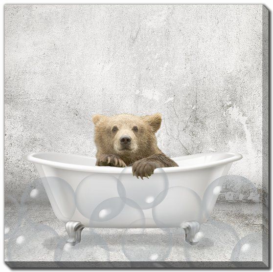 Baby Bear Bath Canvas Art 18" x 18"