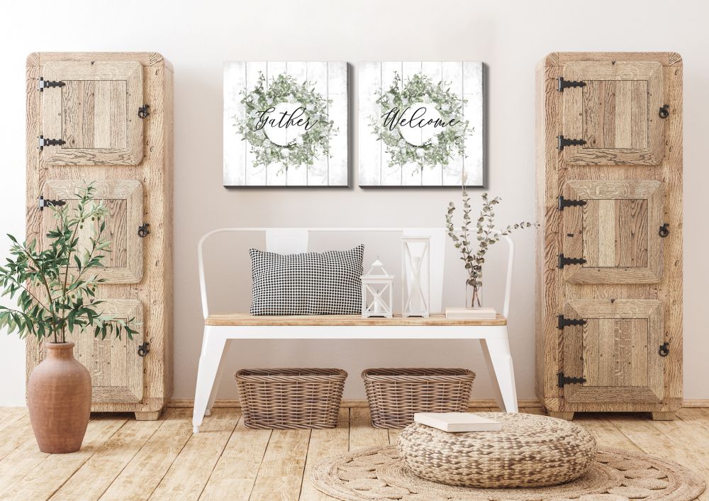 Welcome / Gather Wreath 2 PC Canvas Art