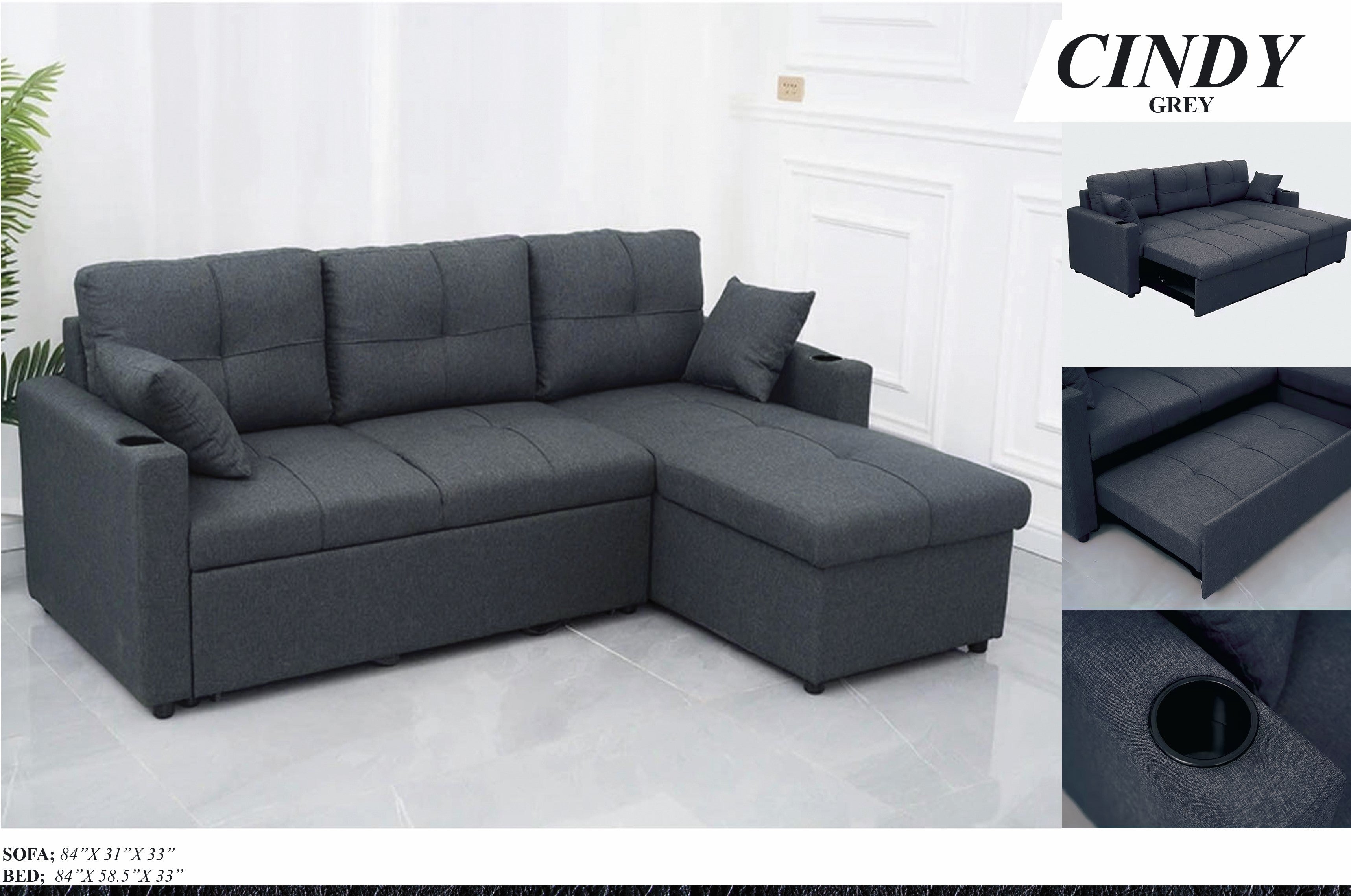Cindy Reversible Sectional Sofa Bed with Storage Chaise