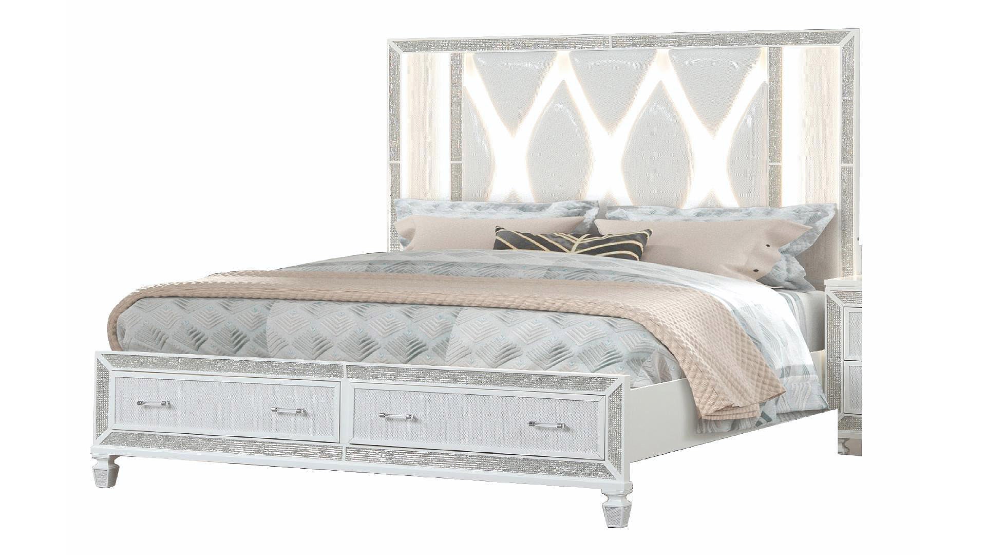 Crystal LED Bed With Storage Footboard White 1391