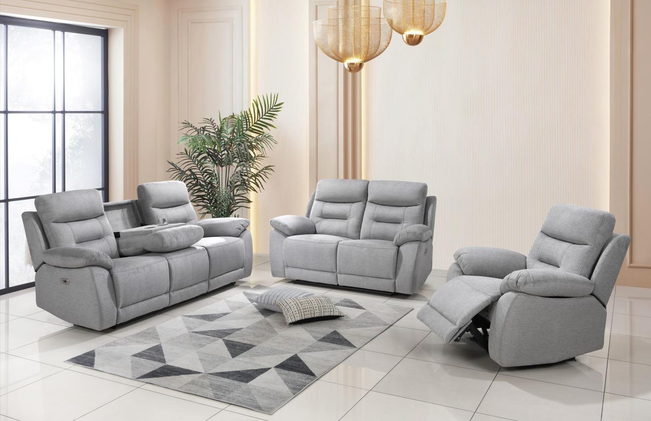 Calypso Grey Fabric Power Recliner Sofa Set with Drop-down & Cup Holders 1407
